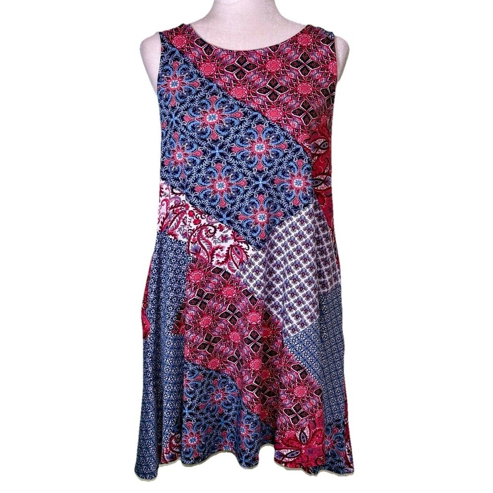 Women Boho Patchwork Mixed Print Sleeveless Swing Dress Maximalist Size‎ Small